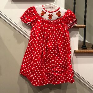 Precious Christmas Rudolph smocked dress polka dots